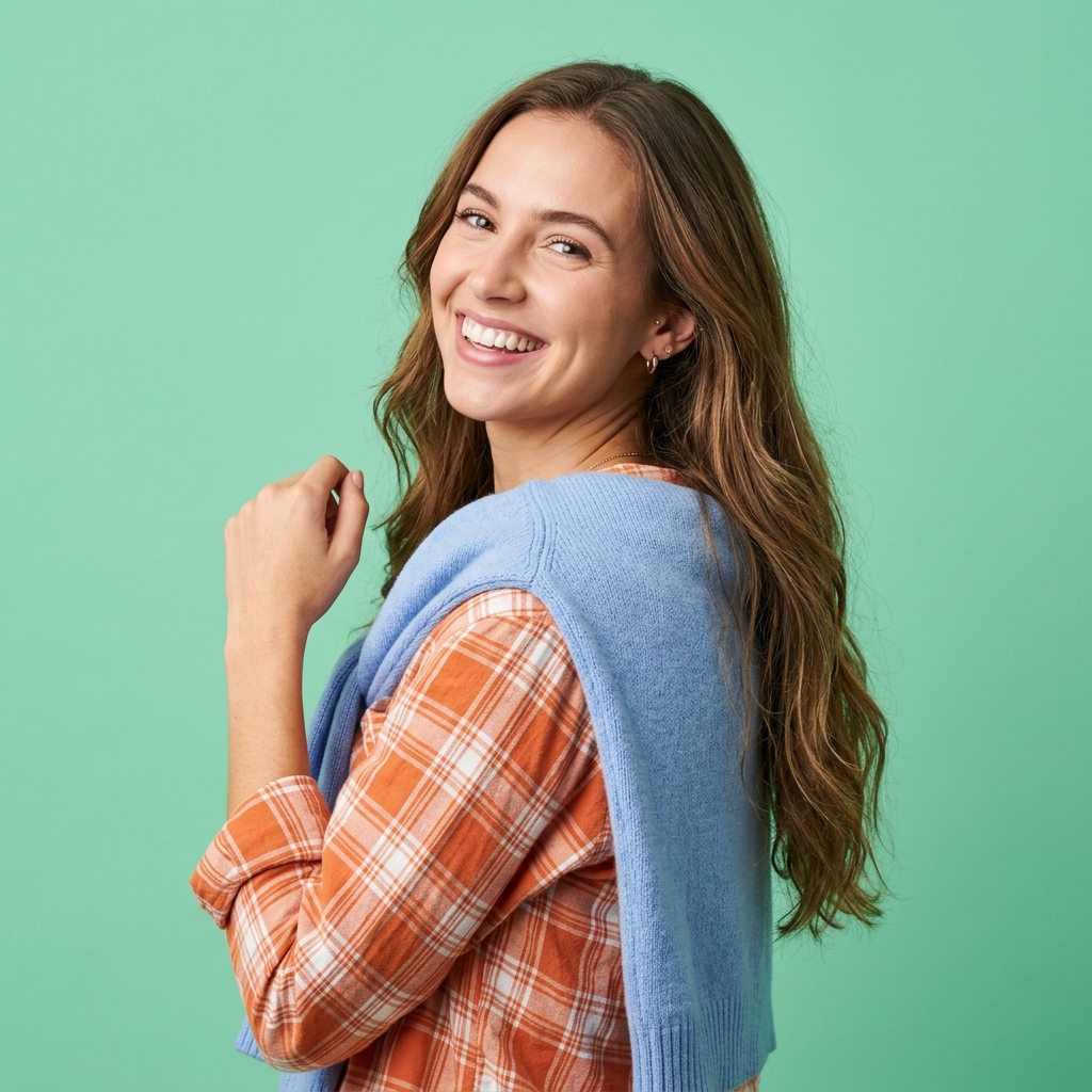 Happy woman looking over shoulder